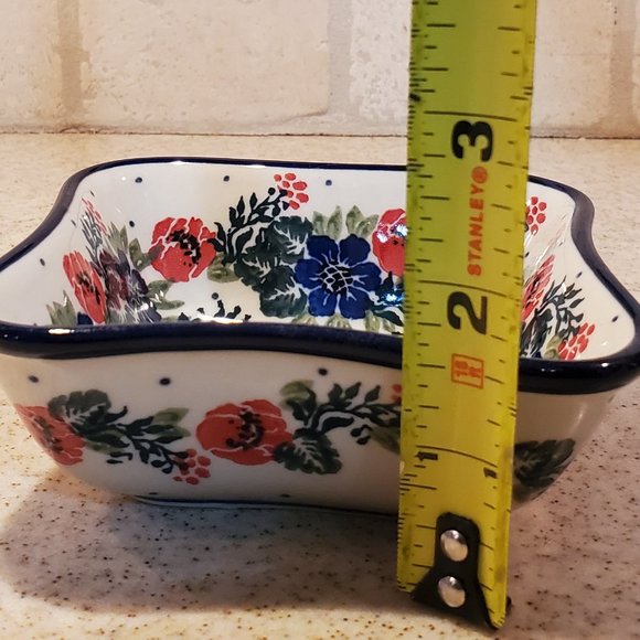 Square Wavy Edge Condiment Bowl Dish Handmade in Poland "Polish Wreath" … - Picture 5 of 6
